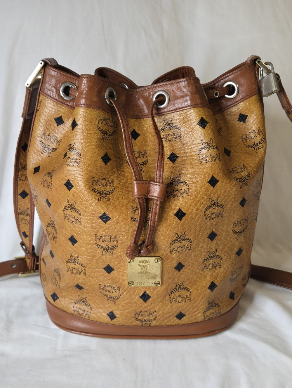 MCM Visetos Cognac Drawstring Bucket Bag With COA